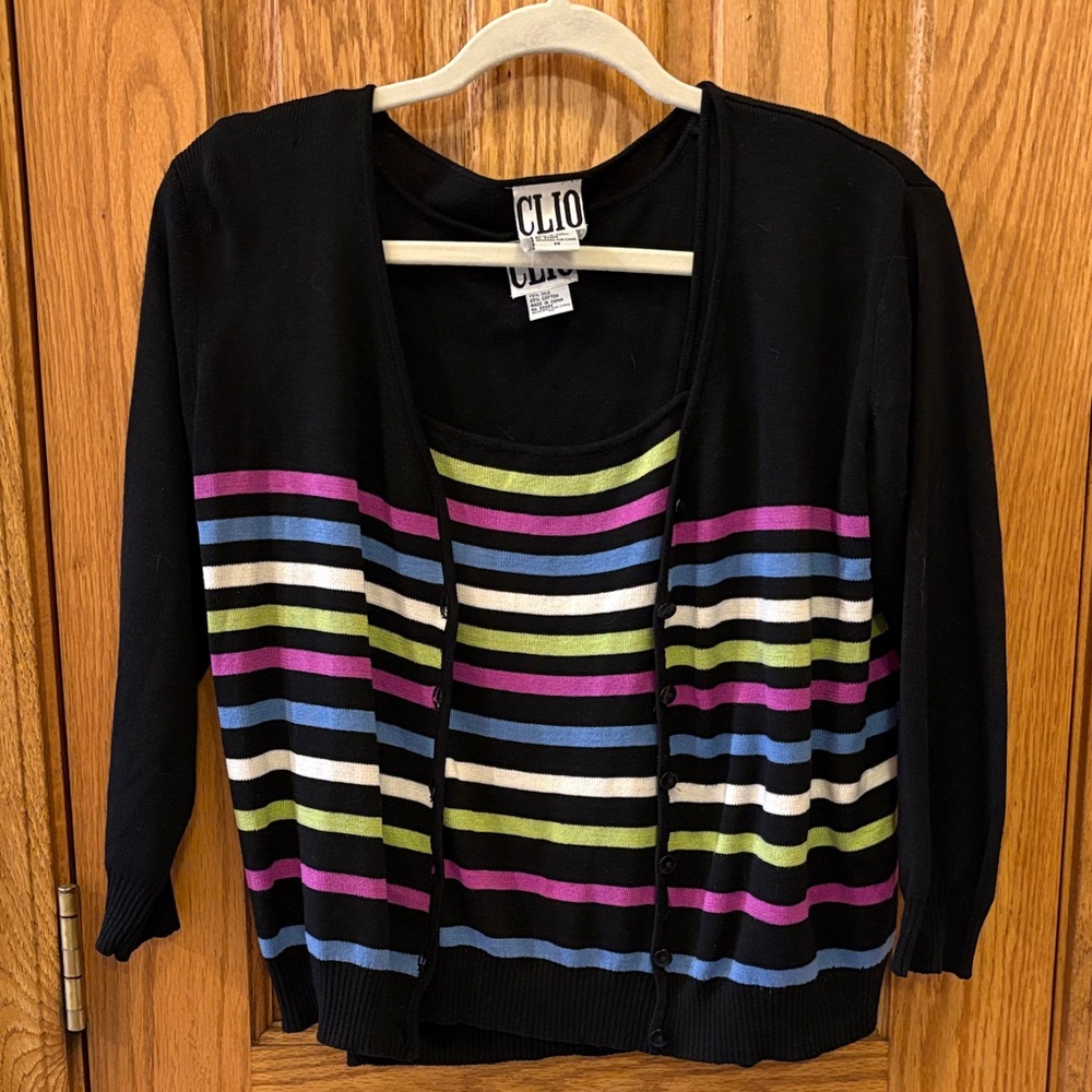 Clio Black Cardigan and Shell with Pink, Blue, Green, White, Purple Stripes